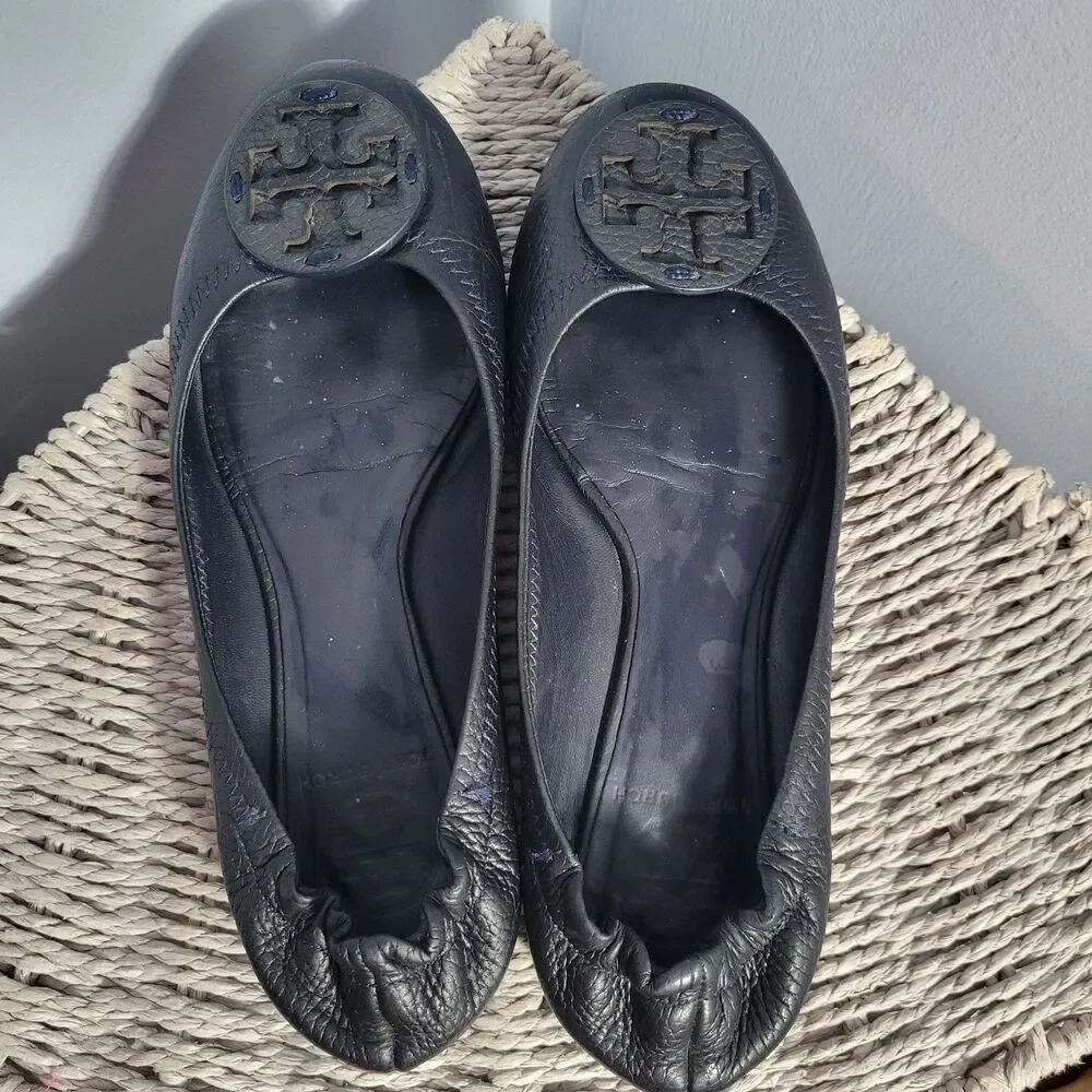 Tory Burch Women’s Black Leather Logo Blue Stitching Ballet Flats Size 7